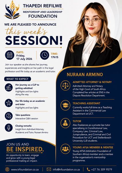 Session flyer: legal profession journey with Nuraan Armino